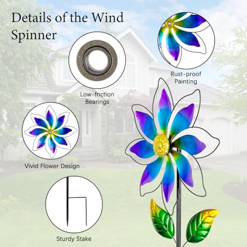 14'' Wind Spinners Outdoor, Flower Kinetic Wind Sculpture & Spinners, Metal Wind Spinners for Yard Garden Patio Decor (Purple) - size: 14'' Purple