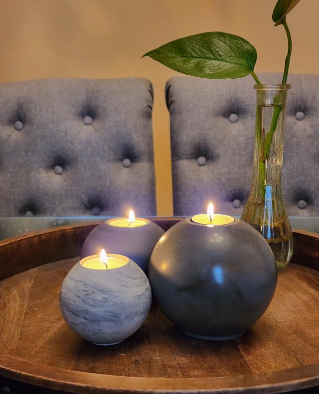 Concrete Sphere Tea Light Holder - Minimalist Centerpiece - Candle Holder - Modern Interior Design (Peach, Set of 3 Sizes) - color: Peach, size: Set of 3 Sizes
