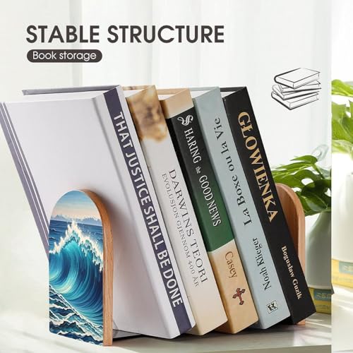 Blue Wave Art Bookends 1 Pair Heavy Duty Book Ends for Shelves Non-Skid Bookend Supports Wooden Book Holders with Metal Base Desk Organizers Books Storage to Hold Books