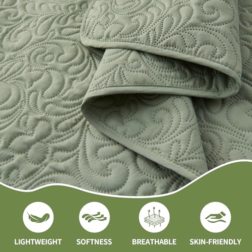 JYHOPE Sage Green Twin Quilt Set 68x90 Lightweight Microfabric Bedspread, 3-Piece Quilt Bedding with Pillow Shams, Summer Cooling Quilts, Ribbon Wrapped Gift - color: Flower Pattern-sage Green, size: Twin(68x90)