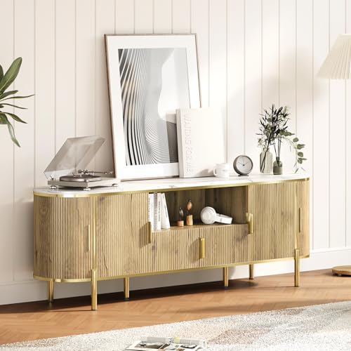 Luxury 70 in Fluted TV Stand with Faux Marble Top, Entertainment Center for TVs Up to 80 in, Wood Media Console with Curved Profile Sliding Doors and Adjustable Shelves for Living Room- Natural Oak - color: Natural Oak