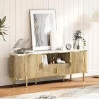 Luxury 70 in Fluted TV Stand with Faux Marble Top, Entertainment Center for TVs Up to 80 in, Wood Media Console with Curved Profile Sliding Doors and Adjustable Shelves for Living Room- Natural Oak - color: Natural Oak