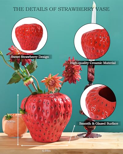 DN DECONATION Red Strawberry Vase, Strawberry Ceramic Flower Vases for Colorful Girly Home Decor, Decorative Cute Vase for Strawberry Party Decorations - color: Red Strawberry