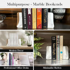 White Marble Bookends - Heavy Duty 9.8 lbs Stone Book Ends for Shelves, Modern Decorative Book Holder Set of 2 - Premium Handmade Marble Book Ends for Office, Library, or Home Decor