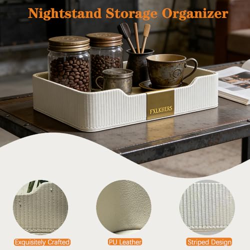 Valet Tray Nightstand Storage Organizer - PU Leather Desktop Storage Organizer Fits Cosmetics Perfume Skincare Lipsticks for Dresser Vanity, Catchall Tray for Watch Wallet Phone Keys|White - color: White