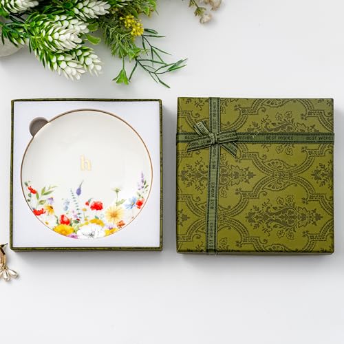 Crisky Flower Jewelry Tray Ring Dish & Gift Box, Ceramic Trinket Dish for Rings Earrings Necklaces Keys, Bridal Shower Engagement Birthday Gift for Women, Friends 4.57" (Gold Foil H - style: Initial H