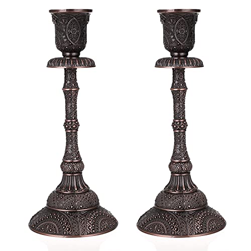OwnMy Set of 2 Vintage Taper Candle Holders Tall Metal Taper Candlestick Holders, Elegant Taper Candle Stands Red Bronze Taper Candelabra Set for Dining Table Centerpieces Wedding Candlestick Decors - color: Red Bronze