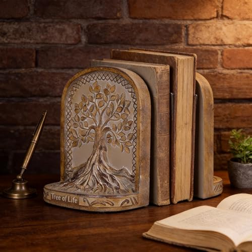 Tree of Life Bookend Set, 2 Substantial bookends in Bronze Finish, Ideal for Bookshelves and bookcases. Suitable for Office, Library, or Living Room Coffee Table end-of-Row Decoration. - color: A-original