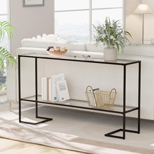 Cozy Castle 52" Entryway Table, 2-Tier Narrow Console Table with Tempered Glass & Sturdy Metal Frame, Modern Sofa Table with Storage Shelves for Entryway, Hallway, Foyer, Living Room, Black - color: Black Metal Frame