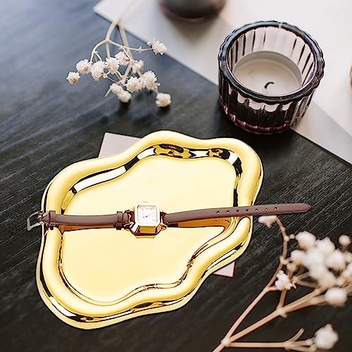 Ceramic Jewelry Dish for Women, Jewelry Tray Trinket Dish, Irregular Cloud Shape Ceramic Plate, Watch Keys Tray Ring Dish Holder for Mother's Day/Christmas/Thanksgiving/Birthday Gift(Gold) - color: Gold