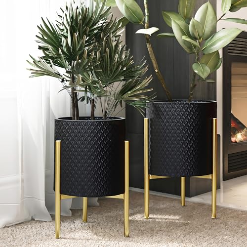 LuxenHome 2-Piece Diamond Pattern Round Metal Cachepot Planter Set, Black Planter with Gold Stands Set of 2 Indoor Plant Pots Large Floor Plant Pot for Plants, NOT Waterproof - color: A Black 9.9"+8.3"