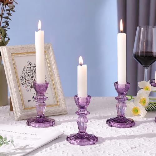 12pcs Taper Candle Holders, Candlestick Holders, Glass Candle Holder - Vintage Flower Design Candle Holders for Wedding, Birthday, Halloween & Home Decoration (Purple) - color: Purple