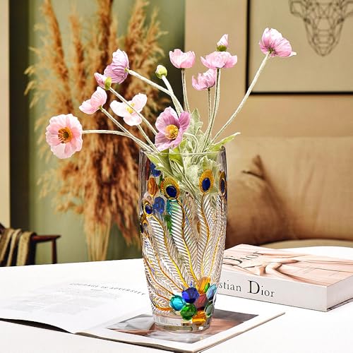 Unique Hand Painted Colorful Peacock Shaped Crystal Glass Vase-11 inch Tall. (Hand Painted Colorful) - color: Hand Painted Colorful