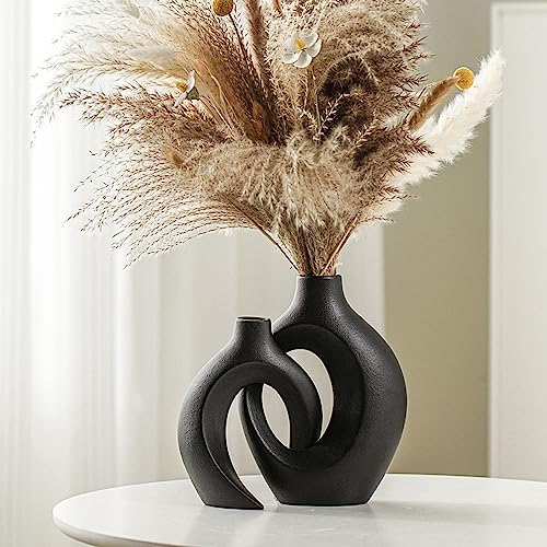 Lvases Snuggle Hollow Modern Ceramic Vase Set of 2, Mid Century Nordic Aesthetic Decorative Vase Decorative Vases for Home Table Decor (Matte Black W 6.3" X H 8.4") - color: Large Matte Black