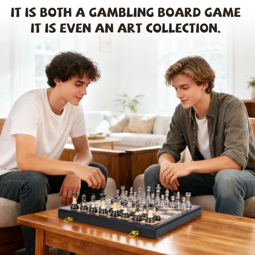 Luxury Large Metal & Acrylic Chess Set with Wooden Chess Board (17”) – Weighted Chess Pieces with 3.5” King, Foldable Tournament Chess Set for Adults & Kids, Professional Chess Game Set