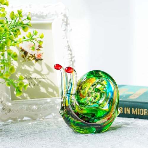 QFkris 4.4inch Blown Glass Snail Figurine Collectibles Handcrafted Glass Animal Paperweight Home Art Statue Decoration for Women