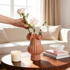 WDS WONDROUS Art Flower Vase for Kitchen Home Decor, Caramel Ruffled Glass Vase with Vertical Lines for Bouquet, Tall Vases for Flowers Table Centerpiece Dining Room, Housewarming Gift