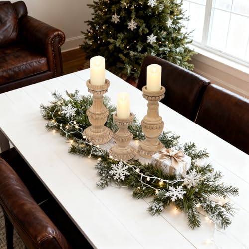 Farmhouse Wooden Candle Holders for Pillar Candles, Set of 3 Vintage Wooden Beaded Candle Holder, Tall Candle Stand Decorative for Living Room, Table Centerpiece (Natural) - color: Natural