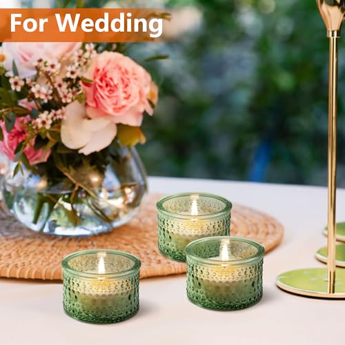 JOYIT Green Votive Candle Holders Bulk Set of 4, Tealight Candle Holder for Wedding Table Centerpiece, Glass Small Candle Holders for Birthday Party, Valentine's Day, Home Decor (2''X 1.4'') - color: Embossed_green
