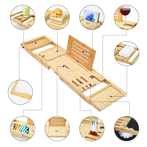 Bathtub Tray - Luxury Bamboo Bathtub Tray for Bath Accessories, Expandable Bath Caddy with Wine Glass Holder, for Her, Anniversary, Spa and Relaxation