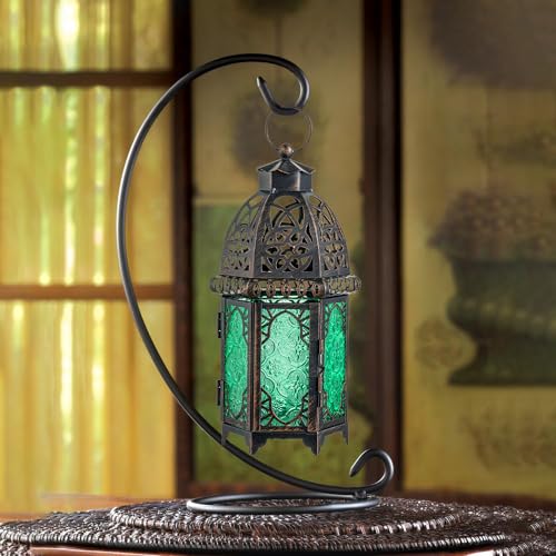 NEEDOMO Hanging Moroccan Lantern, 12.8'' Vintage Candle Holder, Metal Lanterns Decorative Indoor Outdoor, Table, Patio, Porch, Shelf, Gothic Home Decor (Green, Large Size) - color: Green, size: Large