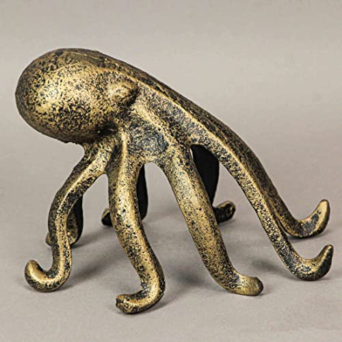 Exquisite Antique Gold Finish Cast Iron Octopus Book End/Phone Holder Stand - Decorative Bookend, Nautical Delight, and Desk Organizer - 6.25 Inches Long - color: Octopus - Gold