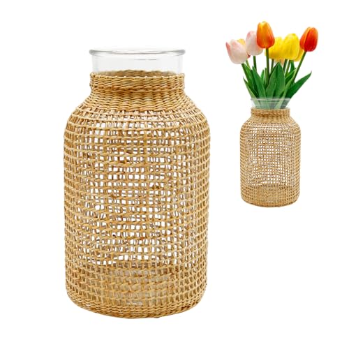 MDEOOSKY Straw Woven Glass Vase 10.25''X3.93''X5.52''Boho Glass Flower Vase Country Rustic Style Vase Glass Vase for Floral Arrangements Bottle Height (B Style 10.25IN) - size: 10.25IN