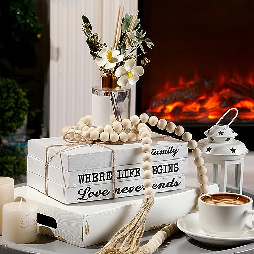 Jetec 3 Pcs Decorative Display Books Hardcover White Home Decor Coffee Table Faux Farmhouse Stacked Fake Decorative Books with Wood Bead Tassels for Shelves Kitchen, 58 Inch, Family Where Life Begins - style: Family Where Life Begins