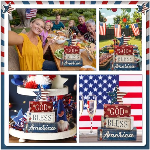 CroBlissful 4 Pcs 4th of July Decorations Patriotic Memorial Day Tabletop Decorations Red White Blue Table Centerpieces Sign for Office Tiered Tray Home Shelf 250th Anniversary(Star Independence Day) - style: Star Independence Day