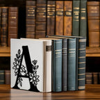 Peacoblue Metal Bookends for Shelves, Modern Decorative Heavy Duty Study Book Ends Stoppers for Office, Desk, Shelf, Room 5.3"x4.3"x7.1" Cast Iron Simple Tall Bookends 1 Pair (Letter A with Flower) - style: Letter A with Flower