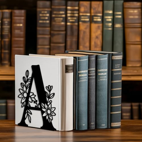 Peacoblue Metal Bookends for Shelves, Modern Decorative Heavy Duty Study Book Ends Stoppers for Office, Desk, Shelf, Room 5.3"x4.3"x7.1" Cast Iron Simple Tall Bookends 1 Pair (Letter A with Flower) - style: Letter A with Flower