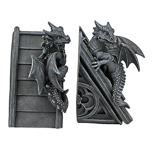 Design Toscano Castle Dragon Gothic Decor Decorative Bookend Statues, 8 Inch, Set of Two, Polyresin, Grey Stone
