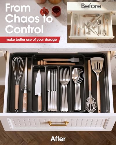 Aujen Silverware Organizer - Expandable Kitchen Drawer Organizer, Adjustable Utensil Organizer, Cutlery Tray for Forks, Knives, Multipurpose Kitchen Organizers and Storage Solution, Black, Medium - color: Black, size: Medium