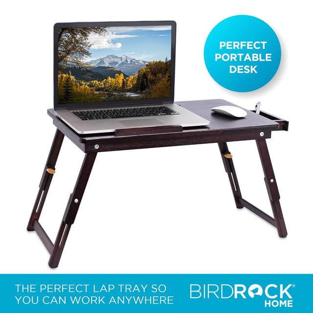 Sofia + Sam Bamboo Laptop Lap Tray with Adjustable Legs | Foldable Breakfast Serving Bed Tray | Lap Desk with Tilting Top and Side Drawer | Laptop Stand | Walnut