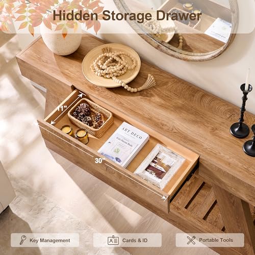 60" Farmhouse Entryway Table with Drawer, Wooden Hallway Foyer Table with Heavy Duty Base, Sofa Table for Living Room(Light Knotty Oak) - color: Light Knotty Oak