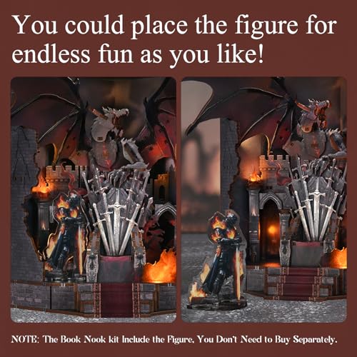 DIY Book Nook Kit Miniature House Dollhouse Kit, Book Nook Kits for Beginners, 3D Wooden Puzzle Booknook Bookend Bookshelf Decor Model Build with Dust Cover (Throne of Blades) - style: Throne of blades