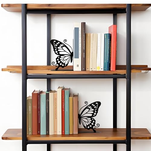 Metal Butterfly Bookends Cute Book Ends for Home Office Decor Bookshelf Decor Accessories Ideal Gift for Book Lovers(Black)