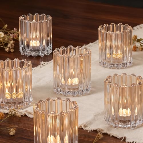 6 Pcs Clear Glass Tea Light Candle Holder Votive Candle Holders Bulk Candle Votives for Wedding Table Decor, Vintage Votive Candle Holders for Table Centerpiece, Christmas, Holiday Decor