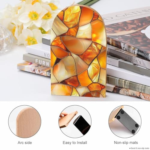 Tortoise Shell Pattern Wooden Bookends Shelves 2 PCS Stained Glass Abstract Sturdy Book Holders Desktop Organizer for Home Office Libraries - color: Color-3