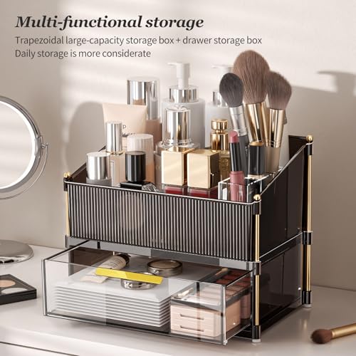 INVSSENE Stackable Makeup Organizer Countertop, Storage Perfume Skincare Cosmetic Lipstick Face Mask Makeup Brush Palettes, Ideal for Vanity Bathroom Counter - color: 3514 Coffee+Clear