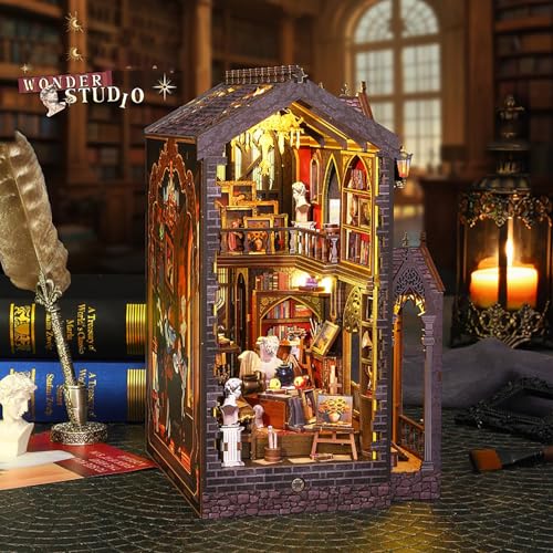 DIY Book Nook Kit - Miniature Dolls House Kit with Furniture and LED Light, 3D Puzzle Wooden Art Bookends, Model Kits for Adults to Build (Wonderful Studio)