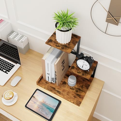ELITEROO Desk Shelf Organizer, Wood Desktop Organizer Small Bookshelf, 3 Tier Storage Shelf Riser Display Stand for Office Decor and Desk Accessories, Rustic Brown Black - color: Rustic Brown Black
