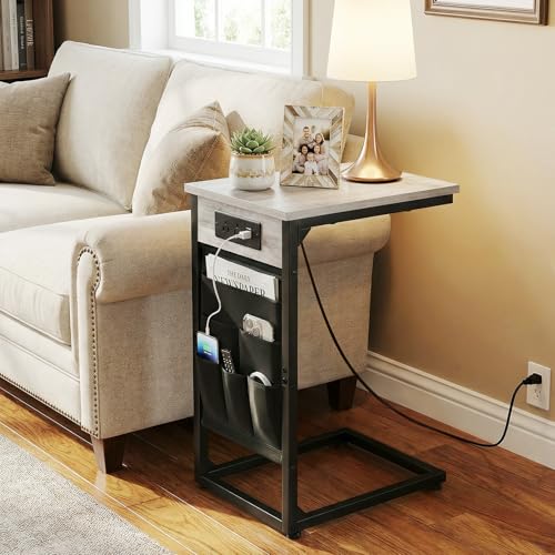 AMHANCIBLE C Shaped End Table with Charging Station, TV Tray Set of 2, Couch Tables with Storage Bag, Slide Under Sofa Side Table with USB Ports and Outlets for Living Room, Grey HET04CGY - color: Grey