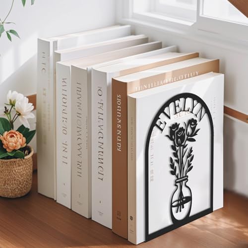 Custom Name Metal Book Ends 2 Pcs, Unique Bookends for Shelves Room Decorative, Heavy Duty Metal Bookends, Non-Slip Book Stopper, Book Shelf Holder for Home Office School, Book Lovers Gifts - color: Color07 Flowers
