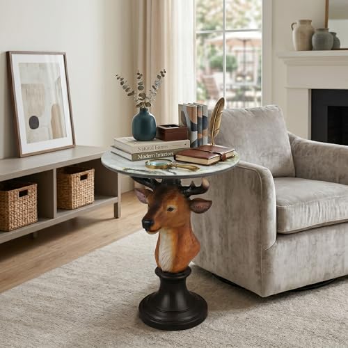 Deer Head Sculptural Accent Table for Living Room & Entryway, 19.69" D x 25.59" H, Resin Animal End Table, Waterproof Outdoor Decor, Unique Gift for Housewarming - color: Realistic Deer Color