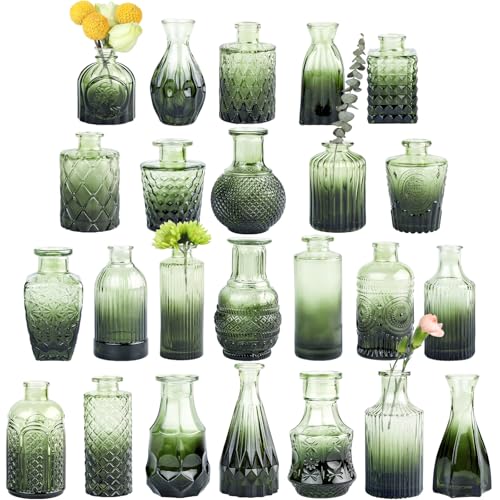 TBWIND Glass Bud Vase Set of 24, Small Green Flower Vases for Centerpieces in Bulk, Mini Vintage Vase for Wedding Decor, and Home Table Décor - color: 24pcs-green
