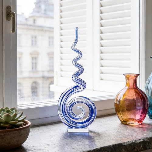 15" Tall Hand-Blown Murano-Style Glass Sculpture Statues Art Ornament Statue Figurines Home Decor Accent Piece Coastal Ocean Nautical Home Decor,Shelf,TV Stand,Tabletop Centerpieces,Wonderful Gift - color: White Blue
