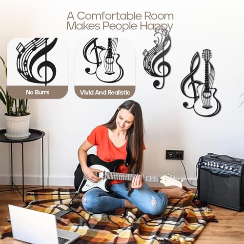 Musical Note Metal Wall Art Vase with Flowers, Hanging Decor for Indoor Living Room, Kitchen, Bedroom (Guitar Musical Notes 2 Pack)