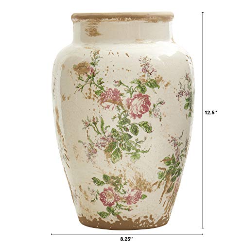 Nearly Natural 12.5in. Tuscan Ceramic Floral Print Vase