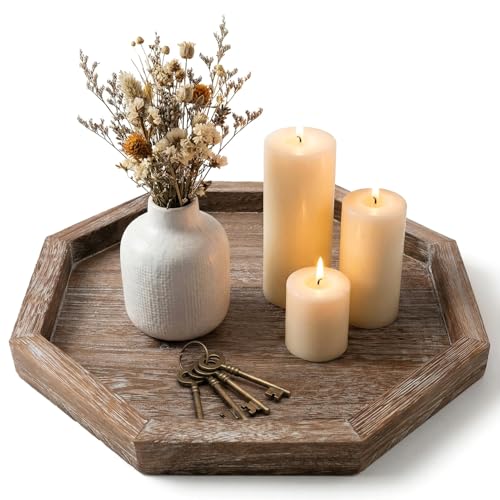 Rustic Candle Holder Plate Boho Wooden Decorative Trays for Coffee Table Farmhouse Kitchen Counter Home Decor Living Room Small Wood Serving Tray for Dining Table Centerpiece Bathroom Vanity Trays - color: Octagon, size: 11"